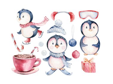 Suluboya mutlu noel karakteri penguen çizimi. Kış çizgi filmi sevimli hayvan tasarım kartını izole etti. Kar tatili penguenleri.