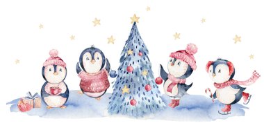 Suluboya mutlu noel karakteri penguen çizimi. Kış çizgi filmi sevimli hayvan tasarım kartını izole etti. Kar tatili penguenleri.