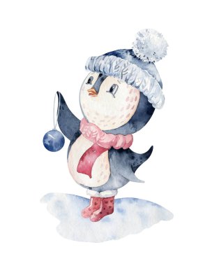 Suluboya mutlu noel karakteri penguen çizimi. Kış çizgi filmi sevimli hayvan tasarım kartını izole etti. Kar tatili penguenleri.