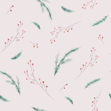 Mutlu Noeller dalları ve böğürtlen unsurlarıyla el yapımı kış deseni. Elle boyanmış suluboya, pürüzsüz geri dönüşümlü desen. Tatil duvar kâğıdı anlatı dekoru