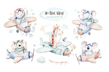 Suluboya, uçaklar, helikopterler, balonlar ve bulutlarla tamamlanmış şirin ve süslü bir gökyüzü sahnesinin arkaplan çizimi. Erkek modeli. Bebek partisi illüstrasyonu.