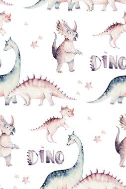 Şirin bebek dinozorlar suluboya resimlerini topluyor, beyaz arka planda izole edilmiş el boyalı dinazorlar bebek posterleri süslemek için. Rex çocuklar komiktir