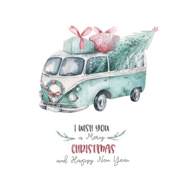 Suluboya Noel kartı taşıma illüstrasyonu. Mutlu Xmas kış ağacı tasarımı. Yeni yıl antika arabalar.