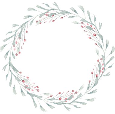 Giyinik suluboya Noel kartı. El çizimi Noel süsü. Kış tatili tasarımı. Noel tebrik kartı için böğürtlen çelengi.