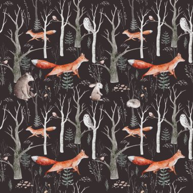 Woodland hayvanları suluboya desenli. Kumaş duvar kağıdı arka planında Baykuş, kirpi, tilki ve kelebek, orman sincabı ve sincap tavşan seti, ayı ve kuş yavrusu hayvan, İskandinav çocuk yuvası
