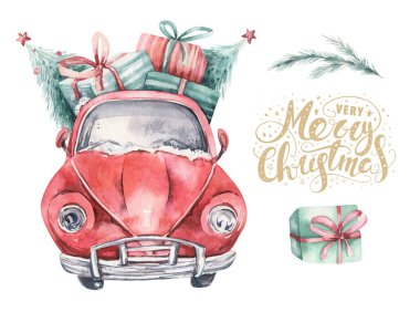 Suluboya Noel kartı taşıma illüstrasyonu. Mutlu Xmas kış ağacı tasarımı. Yeni yıl antika arabalar.