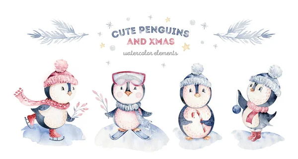 Akwarela Wesołych Świąt Postać Pingwina Ilustracja Zimowa Kreskówka Izolowane Cute — Zdjęcie stockowe