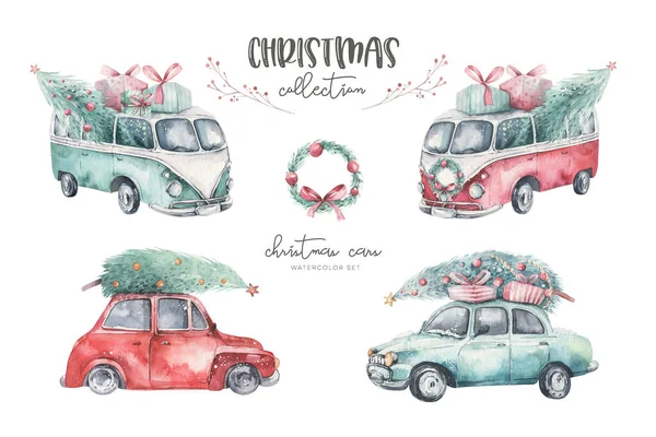 Aquarell Weihnachtskarte Transport Illustration Frohe Weihnachten Winterbaumgestaltung Neujahr Retro Oldtimer — Stockfoto