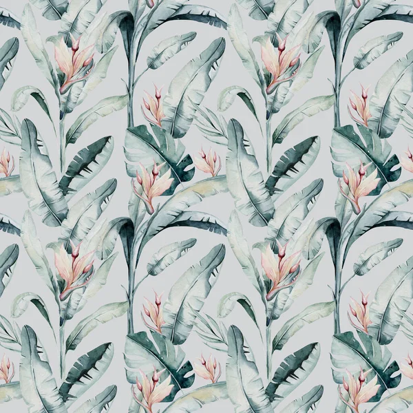 フラミンゴと熱帯シームレスパターン 水彩画 バラの鳥と緑のヤシの木 熱帯緑のテクスチャ エキゾチックな花 — ストック写真