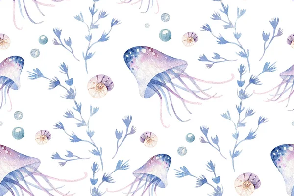 Sea animals blue watercolor ocean seamless pettern fish, turtle, whale and coral. Shell aquarium background. Nautical marine illustration