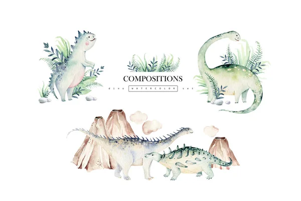 Cute cartoon baby dinosaurs collection watercolor illustration, hand painted dino isolated on a white background for nursery poster decoration. Rex children funny