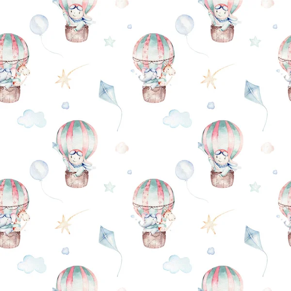 Watercolor balloon seamless pattern. background illustration sky airplanes, helicopters and balloons, clouds. Boy pattern. baby shower illustration
