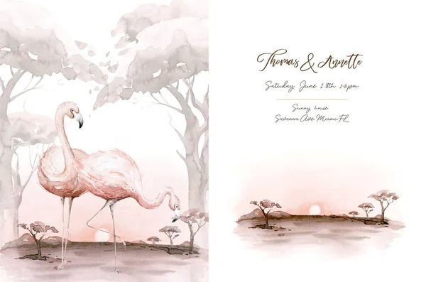 Handritade Flamingo Akvarell Tropiska Fåglar Uppsättning Flamingo Exotiska Rosenfågelillustrationer Djungelträd — Stockfoto