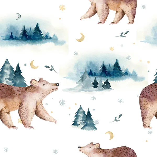 手绘水彩画的冬季风景与松树和熊在山上 因白人背景而被隔离 — 图库照片