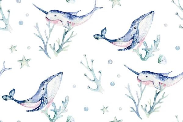 Sea animals blue watercolor ocean seamless pettern fish, turtle, whale and coral. Shell aquarium background. Nautical marine illustration