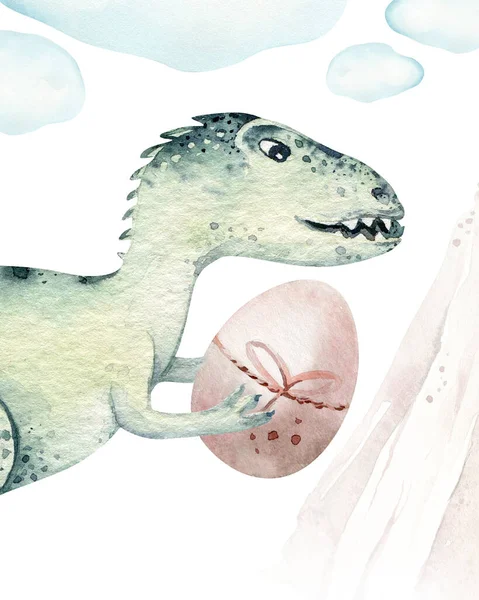 Conjunto de dinossauros de desenhos animados bonitos em aquarela pintados à  mão