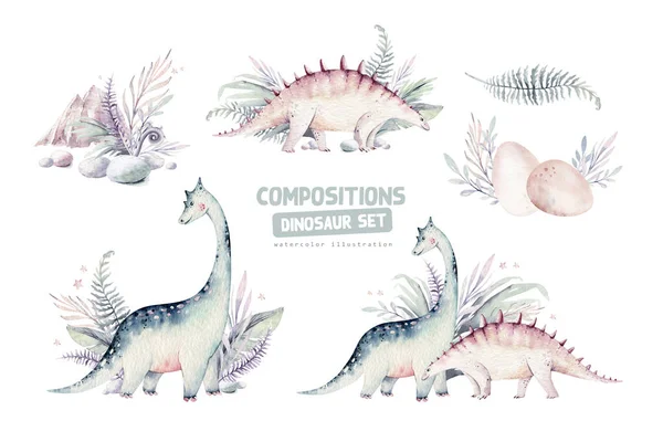 Söta Tecknade Baby Dinosaurier Samling Akvarell Illustration Handmålade Dino Isolerad — Stockfoto