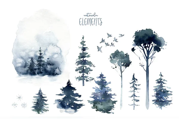 Hand Painted Watercolor Winter Landscape Pine Trees Mountains Isolated White — Stock Photo, Image