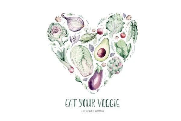 Vegetables Healthy Green Organic Set Watercolor Heart Shape Artichoke Broccoli — Stock Photo, Image