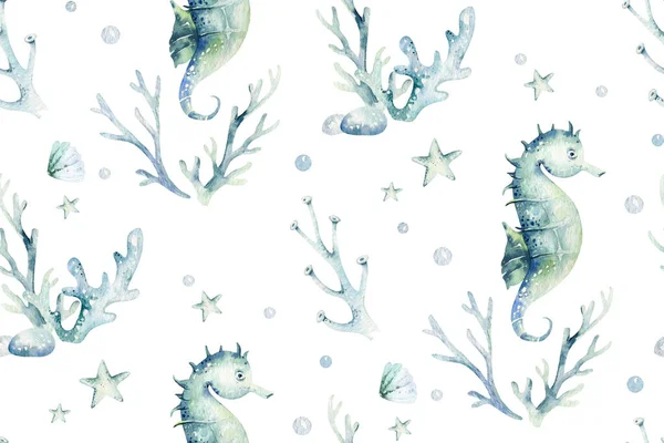 Морские Животные Голубой Акварелью Океана Бесшовные Мелководные Рыбы Черепахи Киты — стоковое фото