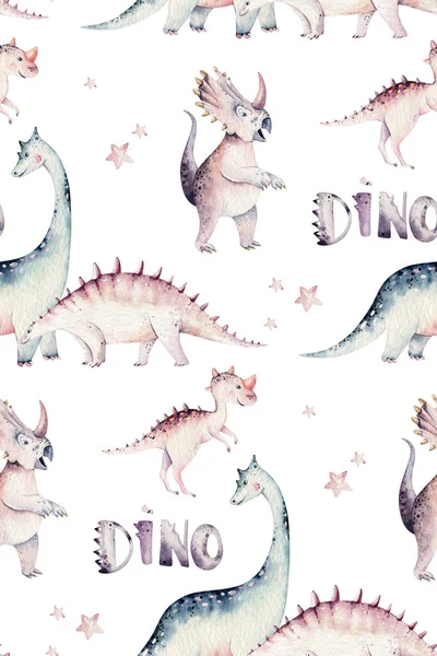 Lindo Dibujo Animado Bebé Dinosaurios Colección Acuarela Ilustración Pintado Mano —  Fotos de Stock