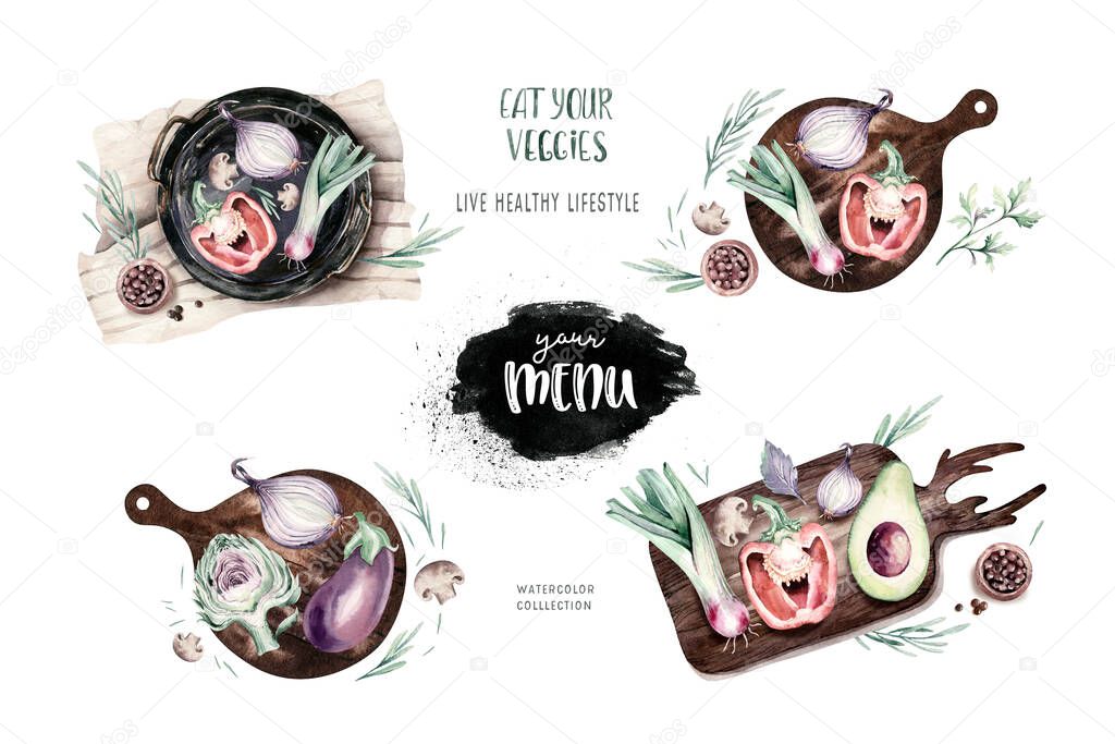 Vegetables healthy organic watercolor wooden cutting board with bell pepper, leek, onion and avocado vitamin rosemary illustration. Isolated lettuce and radish. sketch eggplant mushroom.