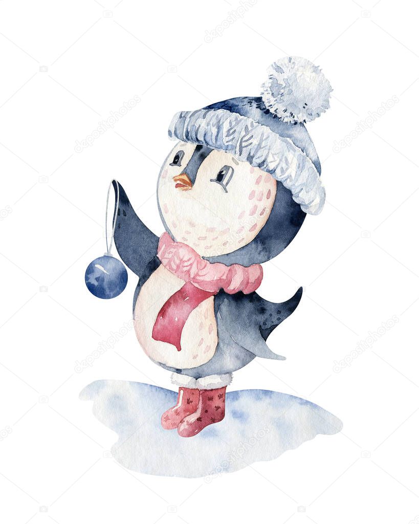 Watercolor merry christmas character penguin illustration. Winter cartoon isolated cute funny animal design card. Snow holiday xmas penguins.