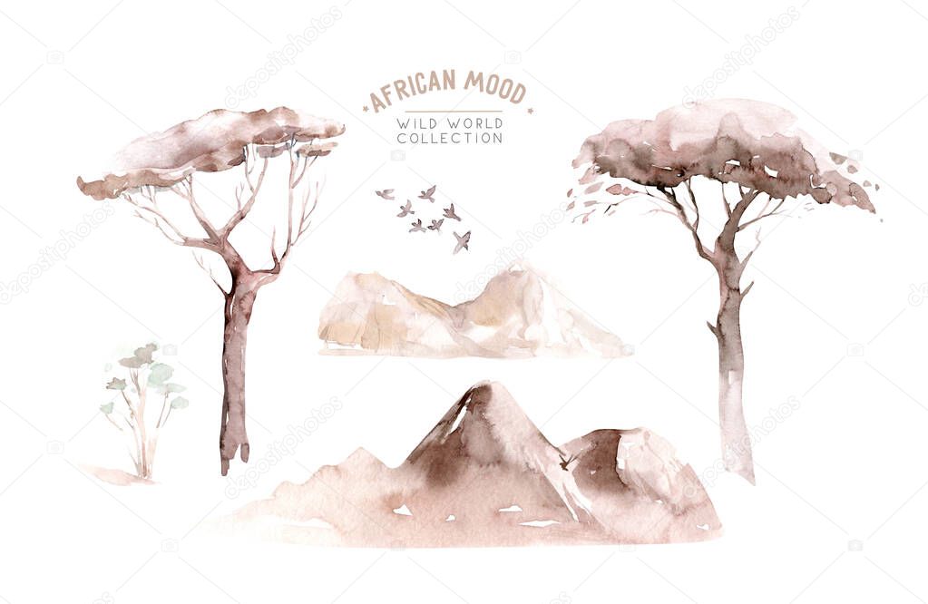 Watercolor landscape: african desert sunrise. Hand painted nature view with Acacia trees. Beautiful safari scene for wedding invitation pre-made card design.