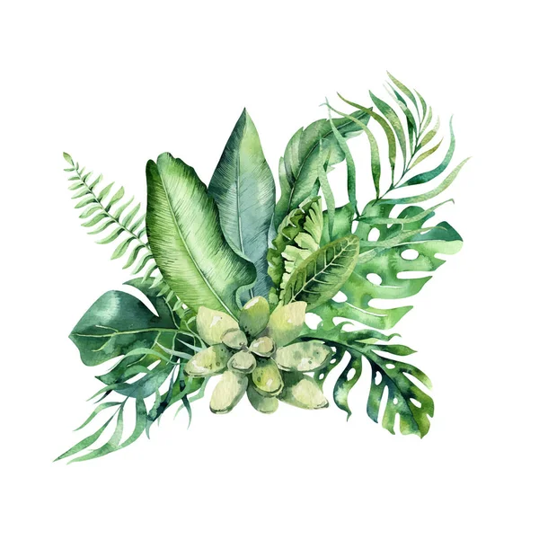 Χέρι Ζωγραφισμένο Ακουαρέλα Τροπικό Λουλούδι Ανθοδέσμες Εξωτικά Φύλλα Φοίνικα Δέντρο — Διανυσματικό Αρχείο