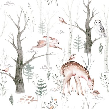 Woodland hayvanları suluboya desenli. Kumaş duvar kağıdı arka planında Baykuş, kirpi, tilki ve kelebek, orman sincabı ve sincap tavşan seti, ayı ve kuş yavrusu hayvan, İskandinav çocuk yuvası