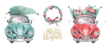 Suluboya Noel kartı taşıma illüstrasyonu. Mutlu Xmas kış ağacı tasarımı. Yeni yıl antika arabalar.