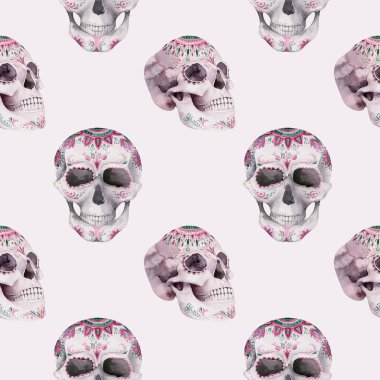 Çiçekli tropik buketli insan suluboya kafatası. Meksika tropik baş klasik cadılar bayramı illüstrasyonu. Retro dövme ölüm tasarımı geriye dönük çizim