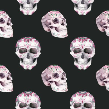 Çiçekli tropik buketli insan suluboya kafatası. Meksika tropik baş klasik cadılar bayramı illüstrasyonu. Retro dövme ölüm tasarımı geriye dönük çizim