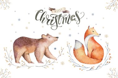 Elle boyanmış suluboya kış manzarası Çam ağaçları ve dağlarda ayı. Beyaz arkaplanda izole edilmiş.