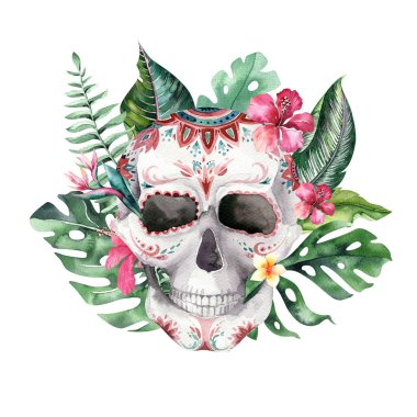 Çiçekli tropik buketli insan suluboya kafatası. Meksika tropik baş klasik cadılar bayramı illüstrasyonu. Retro dövme ölüm tasarımı geriye dönük çizim