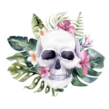 Çiçekli tropik buketli insan suluboya kafatası. Meksika tropik baş klasik cadılar bayramı illüstrasyonu. Retro dövme ölüm tasarımı geriye dönük çizim