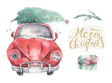 Suluboya Noel kartı taşıma illüstrasyonu. Mutlu Xmas kış ağacı tasarımı. Yeni yıl antika arabalar.