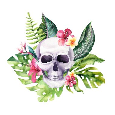 Çiçekli tropik buketli insan suluboya kafatası. Meksika tropik baş klasik cadılar bayramı illüstrasyonu. Retro dövme ölüm tasarımı geriye dönük çizim