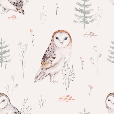 Woodland hayvanları suluboya desenli. Kumaş duvar kağıdı arka planında Baykuş, kirpi, tilki ve kelebek, orman sincabı ve sincap tavşan seti, ayı ve kuş yavrusu hayvan, İskandinav çocuk yuvası