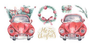 Suluboya Noel kartı taşıma illüstrasyonu. Mutlu Xmas kış ağacı tasarımı. Yeni yıl antika arabalar.