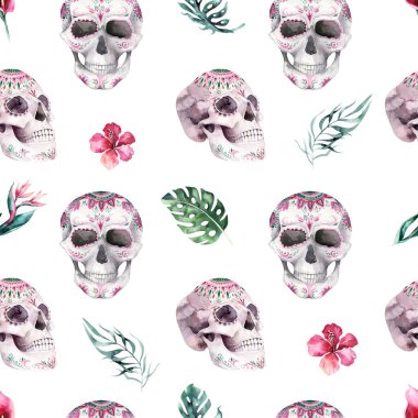 Çiçekli tropik buketli insan suluboya kafatası. Meksika tropik baş klasik cadılar bayramı illüstrasyonu. Retro dövme ölüm tasarımı geriye dönük çizim