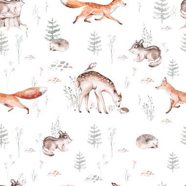 Woodland hayvanları suluboya desenli. Kumaş duvar kağıdı arka planında Baykuş, kirpi, tilki ve kelebek, orman sincabı ve sincap tavşan seti, ayı ve kuş yavrusu hayvan, İskandinav çocuk yuvası