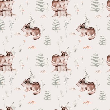 Woodland hayvanları suluboya desenli. Kumaş duvar kağıdı arka planında Baykuş, kirpi, tilki ve kelebek, orman sincabı ve sincap tavşan seti, ayı ve kuş yavrusu hayvan, İskandinav çocuk yuvası