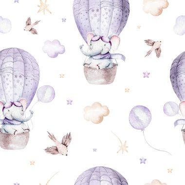 Şirin bir filin suluboya resmi ve süslü gökyüzü sahnesi uçaklar, balonlar ve bulutlarla tamamlandı. Bebek oğlan ve kız modeli. Bebek partisi, çocuk odası tasarımı..