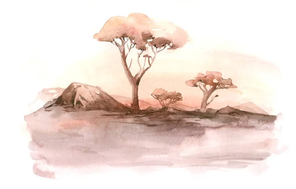 Suluboya Manzarası Afrika Nın Çöl Gündoğumu Akasya Ağaçlarıyla Boyaması Doğa — Stok fotoğraf
