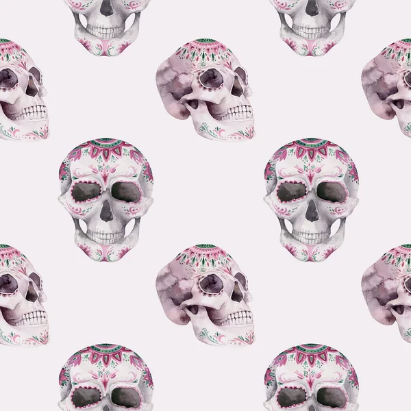 Çiçekli tropik buketli insan suluboya kafatası. Meksika tropik baş klasik cadılar bayramı illüstrasyonu. Retro dövme ölüm tasarımı geriye dönük çizim