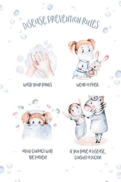 Wash your hand kids poster watercolor illustration with cat paws. hand drawing. hand washing. Drawing in cartoon style. Personal hygiene.