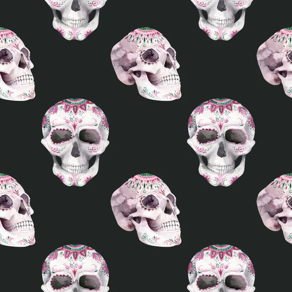 Çiçekli tropik buketli insan suluboya kafatası. Meksika tropik baş klasik cadılar bayramı illüstrasyonu. Retro dövme ölüm tasarımı geriye dönük çizim