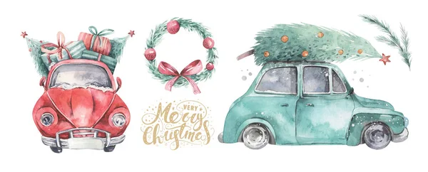 Acuarela Navidad Tarjeta Vacaciones Ilustración Transporte Feliz Navidad Diseño Del —  Fotos de Stock