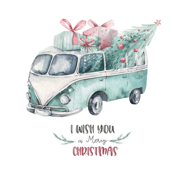 Suluboya Noel kartı taşıma illüstrasyonu. Mutlu Xmas kış ağacı tasarımı. Yeni yıl antika arabalar.